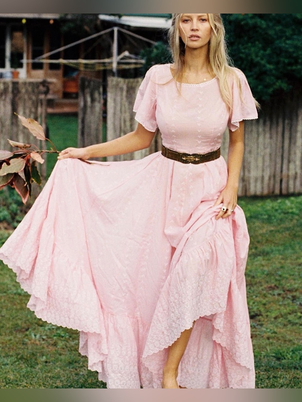 Chasing Unicorns🦄 "Blind Love" Cotton Anglaise Pink Lace Gown Maxi Dress Large